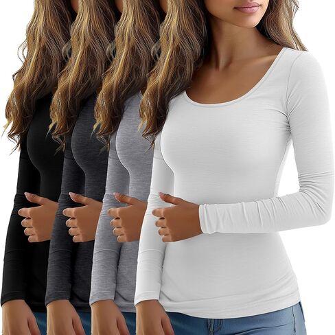 Ficerd 4 Pack Women's Long Sleeve T Shirts Scoop Neck Basic Tight Slim Fit Tops Casual Fashion Tee Shirts in Saudi Arabia
