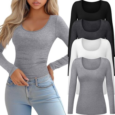 Ficerd 4 Pack Women's Long Sleeve T Shirts Scoop Neck Basic Tight Slim Fit Tops Casual Fashion Tee Shirts in Saudi Arabia