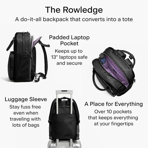 حقيبة ظهر من النايلون قابلة للتحويل من Lo & Sons The Rowledge للنساء - للعمل، والسفر، وحقيبة كمبيوتر محمول، مقاومة للماء، تناسب كمبيوتر محمول مقاس 13 بوصة، نايلون أسود in Kuwait
