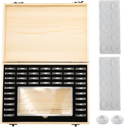 صندوق تخزين العملات المعدنية الخشبي، حافظة حامل كبسولات العملات المعدنية مع قفل صندوق تجميع العملات المعدنية لـ 40 عملة معدنية و100 ورقة نقدية in Kuwait