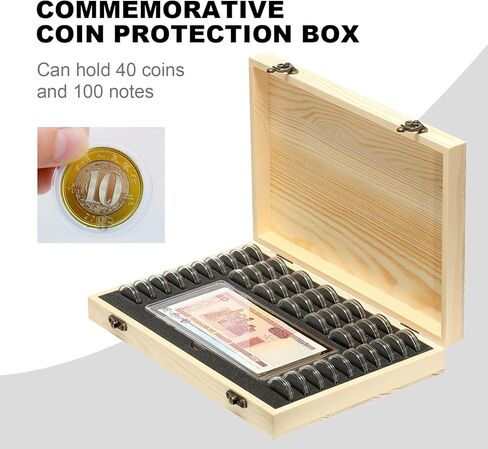صندوق تخزين العملات المعدنية الخشبي، حافظة حامل كبسولات العملات المعدنية مع قفل صندوق تجميع العملات المعدنية لـ 40 عملة معدنية و100 ورقة نقدية in Kuwait
