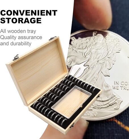 صندوق تخزين العملات المعدنية الخشبي، حافظة حامل كبسولات العملات المعدنية مع قفل صندوق تجميع العملات المعدنية لـ 40 عملة معدنية و100 ورقة نقدية in Kuwait