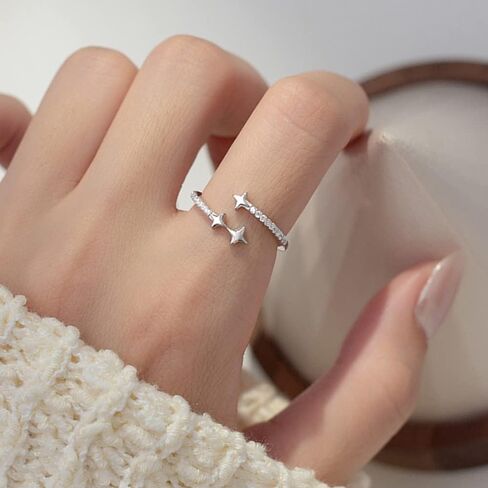 Cute Star Stacking 925 Sterling Silver Ring for Women CZ Promise Engagement Statement Adjustable Open Wrap Finger Rings Comfort Fit Fashion Dainty Wedding Birthday Holiday Jewelry in Saudi Arabia