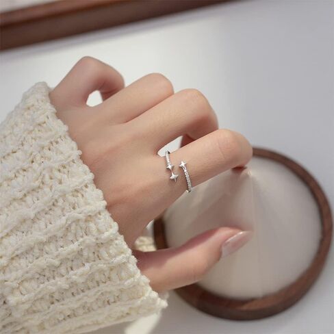 Cute Star Stacking 925 Sterling Silver Ring for Women CZ Promise Engagement Statement Adjustable Open Wrap Finger Rings Comfort Fit Fashion Dainty Wedding Birthday Holiday Jewelry in Saudi Arabia