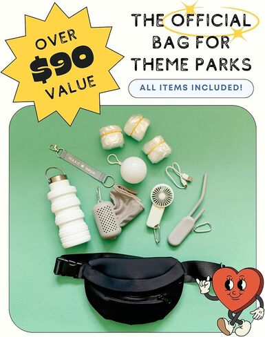 Maxie & Nova Theme Park Essentials Fanny Pack & Handheld USB Fan, Collapsible Water Bottle, Rain Ponchos, Cooling Towel, & Silicone Straw Keychain - Hiking, Concerts, Cruises, Sporting Events (Black) in Kuwait