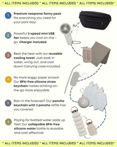 Maxie & Nova Theme Park Essentials Fanny Pack & Handheld USB Fan, Collapsible Water Bottle, Rain Ponchos, Cooling Towel, & Silicone Straw Keychain - Hiking, Concerts, Cruises, Sporting Events (Black) in Kuwait