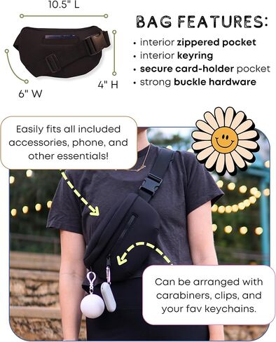 Maxie & Nova Theme Park Essentials Fanny Pack & Handheld USB Fan, Collapsible Water Bottle, Rain Ponchos, Cooling Towel, & Silicone Straw Keychain - Hiking, Concerts, Cruises, Sporting Events (Black) in Kuwait