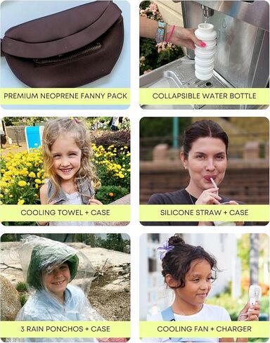 Maxie & Nova Theme Park Essentials Fanny Pack & Handheld USB Fan, Collapsible Water Bottle, Rain Ponchos, Cooling Towel, & Silicone Straw Keychain - Hiking, Concerts, Cruises, Sporting Events (Black) in Kuwait