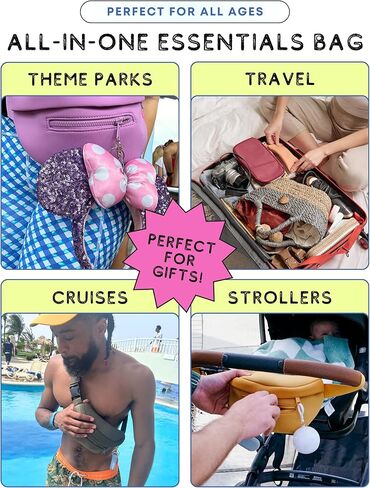 Maxie & Nova Theme Park Essentials Fanny Pack & Handheld USB Fan, Collapsible Water Bottle, Rain Ponchos, Cooling Towel, & Silicone Straw Keychain - Hiking, Concerts, Cruises, Sporting Events (Black) in Kuwait