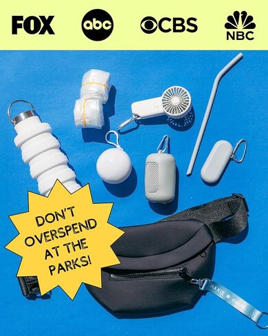 Maxie & Nova Theme Park Essentials Fanny Pack & Handheld USB Fan, Collapsible Water Bottle, Rain Ponchos, Cooling Towel, & Silicone Straw Keychain - Hiking, Concerts, Cruises, Sporting Events (Black) in Kuwait