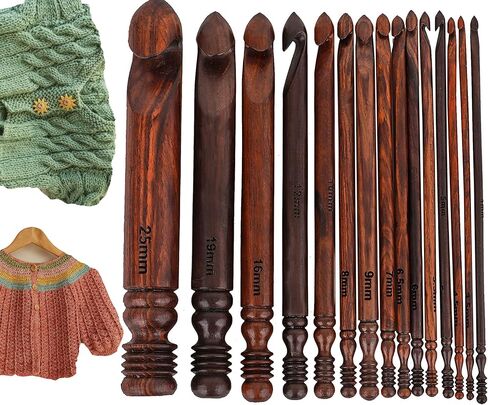 Brainmart Wooden Crochet Hooks Set (15 pcs, 3.5mm(E) to 25mm(P) - Engraved Rosewood Knitting Needles for Crocheting and Knitting, Crochet Hooks Ergonomic Soft Grip Handle, Christmas Gift in Saudi Arabia