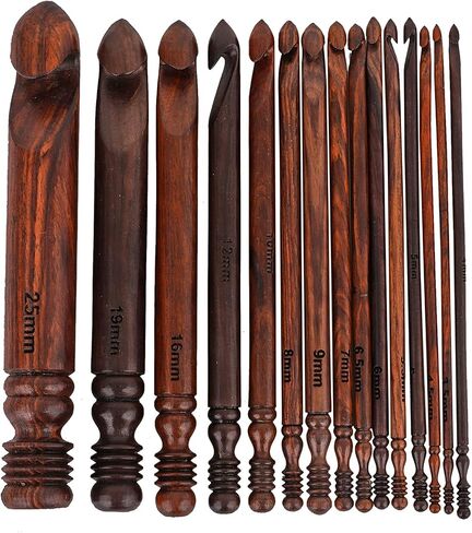 Brainmart Wooden Crochet Hooks Set (15 pcs, 3.5mm(E) to 25mm(P) - Engraved Rosewood Knitting Needles for Crocheting and Knitting, Crochet Hooks Ergonomic Soft Grip Handle, Christmas Gift in Saudi Arabia