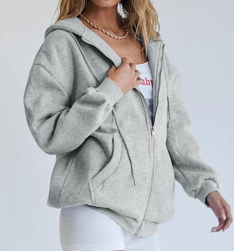 سترة Ezbelle النسائية ذات القلنسوة بسحاب كامل للخريف وسترة كبيرة الحجم كاجوال برباط مع جيوب in Kuwait