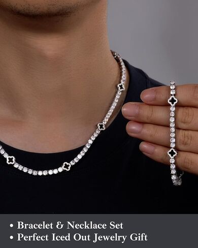 سلسلة تنس LuxeFlex 4 مم مثلجة من البرسيم، مطلية بالذهب الأبيض مع أحجار الزركون 5A، قلادة رائعة مصنوعة يدويًا من الهيب هوب هدية مثالية للجنسين in Saudi Arabia