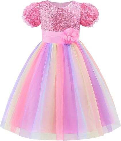 Uhnice Flower Girl Sequin Dress Puff Sleeve Rainbow Dress for Wedding Party in Kuwait