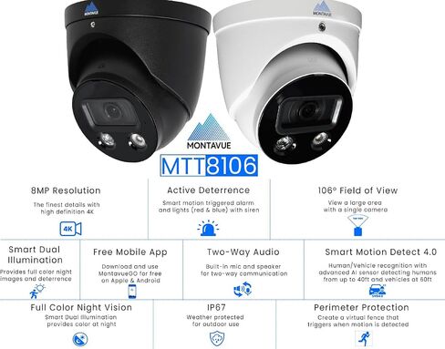 Montavue UltraHD 4K 8MP IP PoE Turret Security Camera, 3840x2160, IP67 Weatherproof, 100ft IR Night Vision, MicroSD Recordable up to 256GB, Built-in Mic, IVS, Motion Detection, 100ft Cat5e Cable in Saudi Arabia