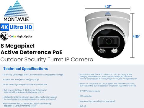 Montavue UltraHD 4K 8MP IP PoE Turret Security Camera, 3840x2160, IP67 Weatherproof, 100ft IR Night Vision, MicroSD Recordable up to 256GB, Built-in Mic, IVS, Motion Detection, 100ft Cat5e Cable in Saudi Arabia
