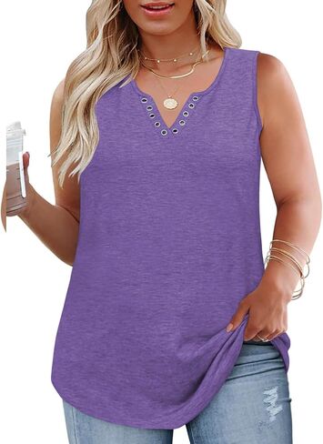VISLILY Plus-Size-Tank-Tops for Women Cute Ring Hole V Neck Sleeveless Shirts Trendy Summer Blouses Casual Loose Fit Tunics in Saudi Arabia