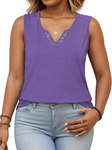 VISLILY Plus-Size-Tank-Tops for Women Cute Ring Hole V Neck Sleeveless Shirts Trendy Summer Blouses Casual Loose Fit Tunics in Saudi Arabia