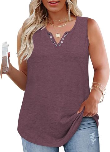 VISLILY Plus-Size-Tank-Tops for Women Cute Ring Hole V Neck Sleeveless Shirts Trendy Summer Blouses Casual Loose Fit Tunics in Saudi Arabia