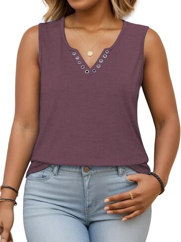 VISLILY Plus-Size-Tank-Tops for Women Cute Ring Hole V Neck Sleeveless Shirts Trendy Summer Blouses Casual Loose Fit Tunics in Saudi Arabia