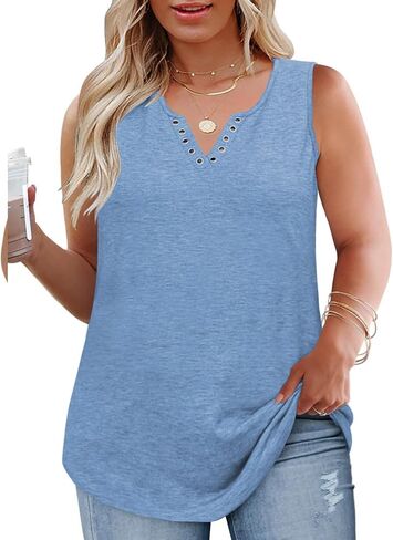 VISLILY Plus-Size-Tank-Tops for Women Cute Ring Hole V Neck Sleeveless Shirts Trendy Summer Blouses Casual Loose Fit Tunics in Kuwait