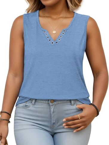 VISLILY Plus-Size-Tank-Tops for Women Cute Ring Hole V Neck Sleeveless Shirts Trendy Summer Blouses Casual Loose Fit Tunics in Kuwait
