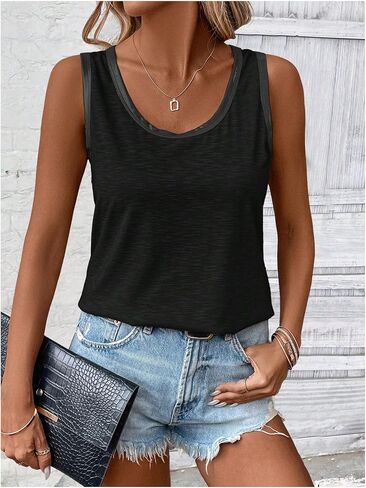 SOLY HUX Tank Top for Women Scoop Neck Sleeveless Contrast Metallic Summer Tops in Saudi Arabia