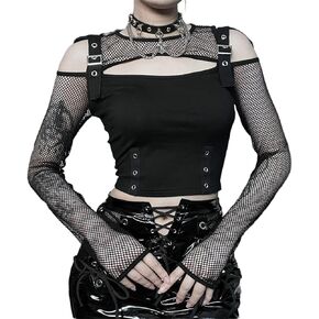 Women's Gothic T-Shirt Goth Crop Top Y2k Streetwear Long Sleeve Tops Rave Shirts