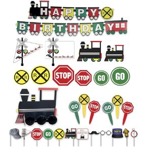 Havercamp Railroad Birthday Party Premium Decorations Set! Includes: 1 7ft. “Happy Birthday" Banner, 1 Lg. Train Centerpiece, 12 Fun Photo Props, 10 Wall Cut-out Decors and 24 Party Picks.