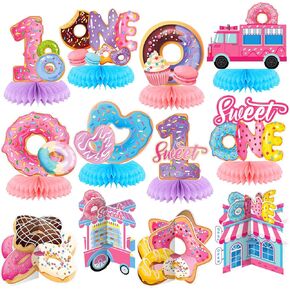 Liliful 12 Pcs Donut 1st Birthday Party Decorations Table Honeycomb Centerpieces, Donut First Birthday Theme Table Party Supplies, Doughnut One Year Old Birthday Sign Decor for Girl