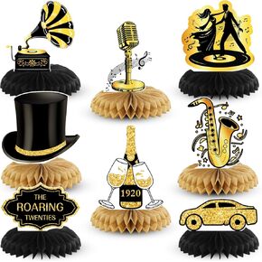 8 Pcs Jumbo Roaring 1920's Party Decorations Honeycomb Centerpiece Black and Gold Birthday Music Party Table for 1920s Birthday Speakeasy Retro Flapper Wedding Party Supplies