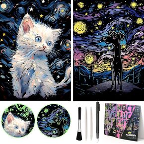 M MUGIT 2 Pack Noctilucent Scratch Art Rainbow Painting Paper - Large Canvas 16"x 11.2", ASMR Scratch Set (Satisfying), Relaxing Toy Scratchboard Creative Craft Set for Kids, Adult (Cat/Dolphin)