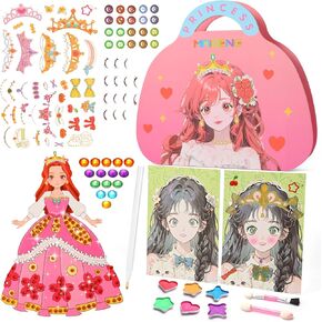 Art Crafts Activity for Kids, Girls Paper Makeup Toys & Paper Craft Kit, 3 in 1 Princess Dress Up Games Toy, with Diamond Painting, Birthday Gift for Girl Ages 4 5 6 7 8 9 Year Old