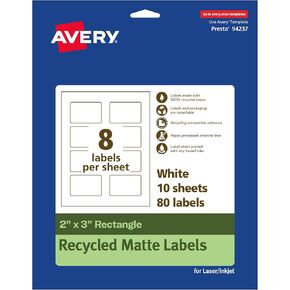 Avery EcoFriendly Matte White Recycled Rectangle Labels, 2" x 3", Print-to-The-Edge, Matte White Labels, Permanent Label Adhesive, Laser/Inkjet, 80 Printable Labels