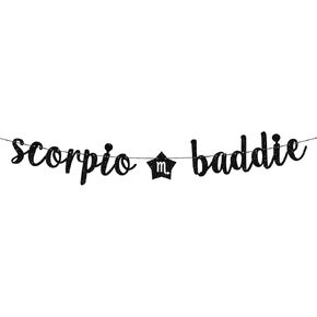 Scorpio Baddie Banner, Scorpio Happy Birthday Decor, 12 Constellation Zodiac Scorpio Themed Birthday Party Decorations for Boys and Girls - Black Glitter