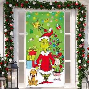 Large Christmas Door Cover Decorations 6x2.9 Ft Green Grinchs Christmas Tree Snowflakes Merry Christmas Backdrop Funny Xmas Hanging Background for Indoor Outdoor Door Banner Party Supplies