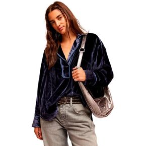 Free People Women's Luxy Solid Velvet Shirt, Night Sky