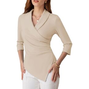 GRACE KARIN Women's V Neck Casual Work Tops 3/4 Sleeve Office Dressy Blouse Top Asymmetrical Elegant Shirts