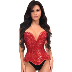 Daisy corsets Womens Top Drawer Steel Boned Red Sequin Plunge Neckline Overbust Corset