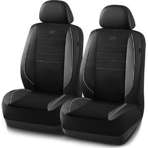 Skechers Memory Foam Car Seat Covers,Air Cool Mesh Thick Seat Covers,Piping Leather Two Front Seat Covers,Airbag Compatible,Automotive Comfort Seat Covers for Most Cars,Vans,Truck,SUV(Gray,Two Front)