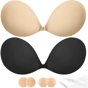 Adhesive Bra Push Up for Women 2 Pair, Sticky Invisible Lifting Bra, Backless Strapless Bras for Wedding Dress with Nipple Covers Reusable (Black+Nude/E)
