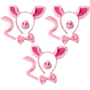 3 Pig Costume Sets Pig Ears Headband Nose Tail Adult Halloween Three Little Pigs Dress up Accessories