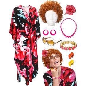Landlady Costume Including Caftan Dress Curly Wig Necklace Earring Sunglasses Rings Hair Clip for Halloween Cosplay