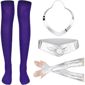 4 Pcs Halloween Costume Accessory Includes Silver Wide Elastic Waist Belt Heart Shape Nacklace Choker, Metallic Gloves Thigh High Stockings