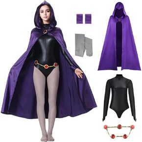 Raven Costume Women Raven Teenager Titans Cape Jumpsuit Superhero Purple Hood Cloak Halloween Cosplay Women