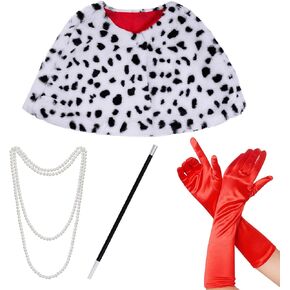 Halloween Dalmatian Costume, Black White Dalmatian Shawl Scarf Stole, 1920s Red Glove, Faux Pearls Necklace for Halloween Costumes Woman 2024