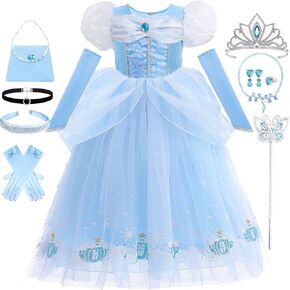 Cinderella Costume for Girls Blue Princess Dress for Kids with Puffy Sleeves Halloween Birthday Party Outfit