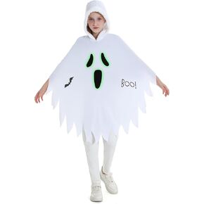 Ghost Costume Kids Scary Ghost Costume White Ghost Boo Glow in Dark Cloak Hooded Poncho Trick-or-Treating (3-12 Years)