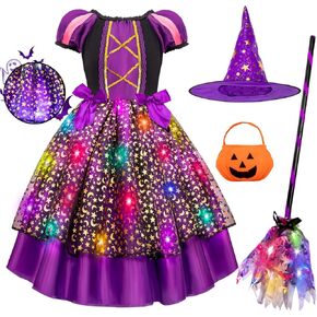 Meland Witch Costume for Girls, Light Up Toddler Witch Costume for Girls Dress Up, Halloween Costumes for Girls Kids 4-11